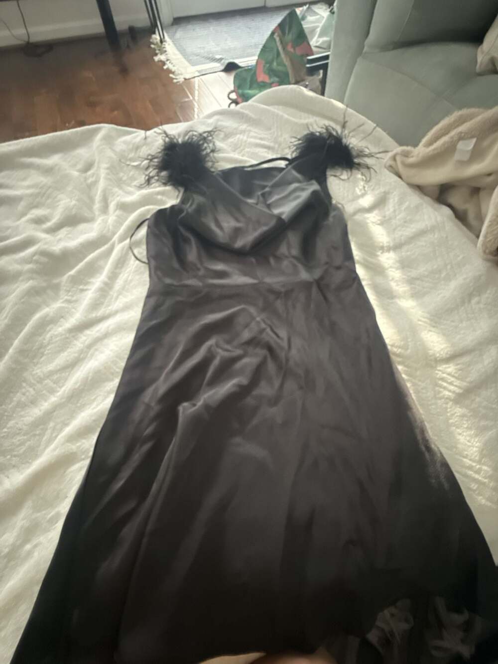 Forever 21 Black Satin Midi Dress with Feather Strap Details Size L